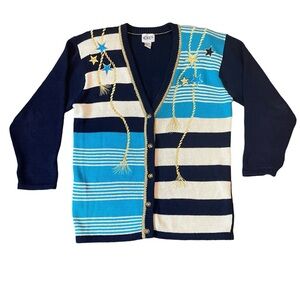 Vintage Koret Nautical Navy Knit Cardigan Sweater Blue Cream Gold Size Medium